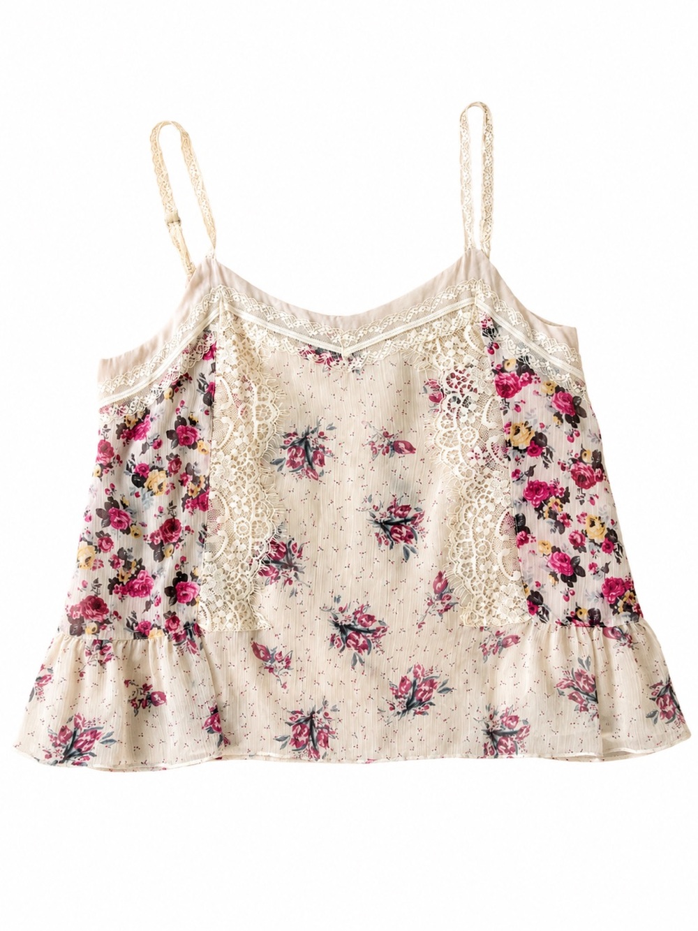POL Boho Fairycore Babydoll Floral Lace Chiffon Cami Tank Top Cream Pink Medium